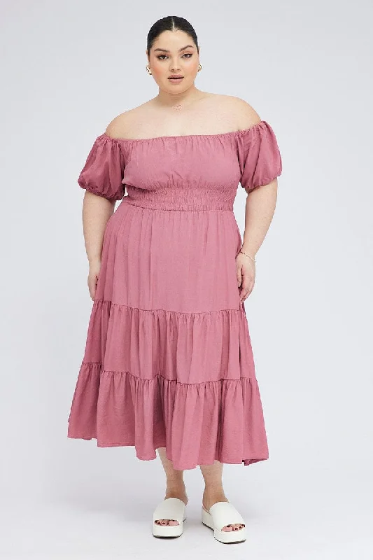 Midi Dresses for romantic garden spring family events-Pink Midi Dress Off Shoulder Elastic Waist Puff Sleeve