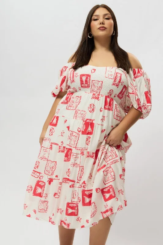 Midi Dresses for stylish spring reunion events-Red Abstract Midi Dress Short Sleeve Tiered Linen Blend