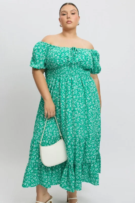 Midi Dresses for casual spring garden celebrations-Green Ditsy Midi Dress Short Sleeve Ruched Bust