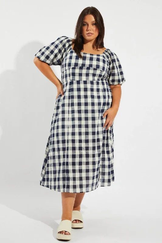 Midi Dresses for casual family birthday gatherings-Blue Check Midi Dress With Split And Puff Sleeves