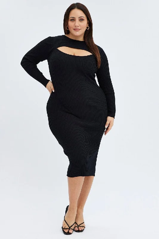 Midi Dresses for stylish casual family spring gatherings-Black Knit Dress Midi Long Sleeve