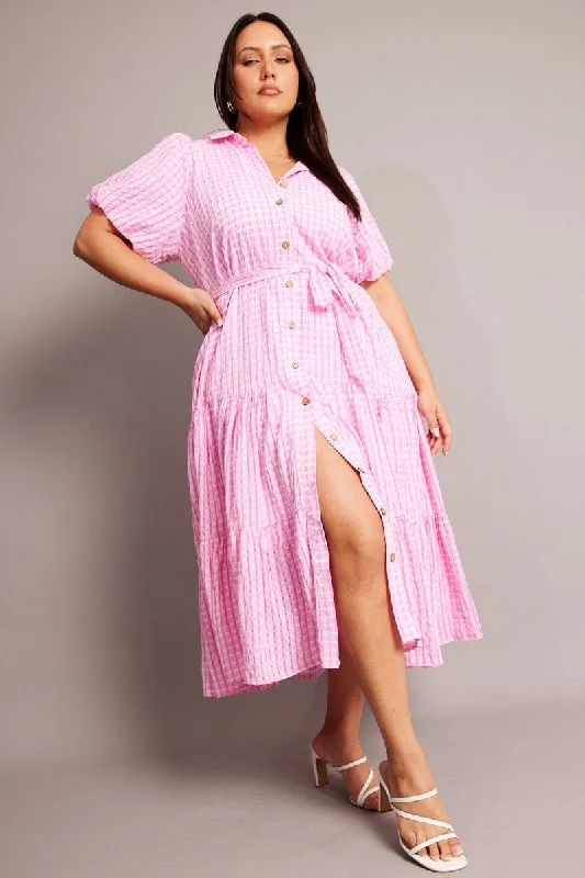 Midi Dresses for fall anniversary family gatherings-Pink Midi Dress Short Sleeve Shirt Check