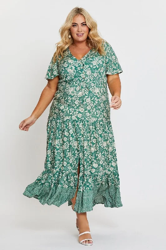 Midi Dresses for romantic spring wedding events-Boho Print Midi Dress V-neck Short Sleeve