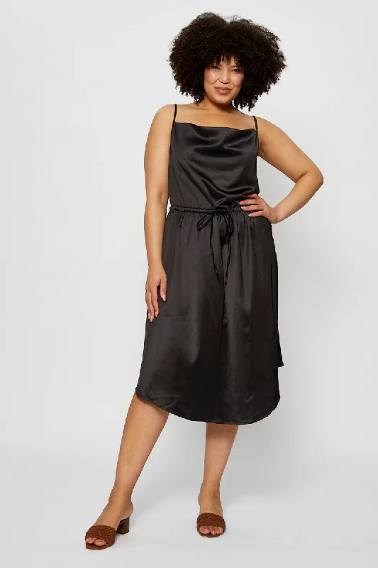 Midi Dresses for family garden celebrations-Black Midi Satin Dress Cowl Neck Sleeveless