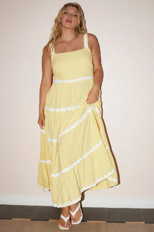 Midi Dresses for family summer BBQs-Yellow Midi Dress Sleeveless Ric Rac Tiered Linen Blend