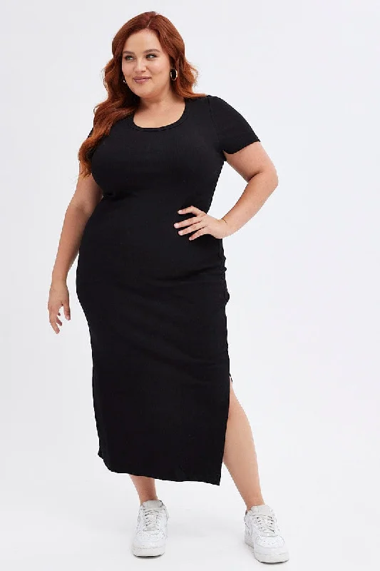 Midi Dresses for spring picnic brunches-Black Bodycon Dress Short Sleeve Midi Rib