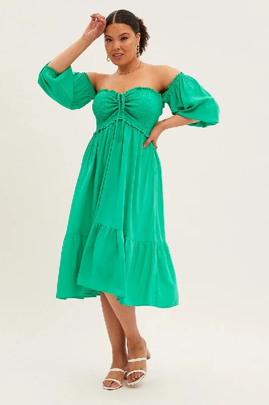 Midi Dresses for family garden wedding parties-Green Midi Dress Off Shoulder Shirred