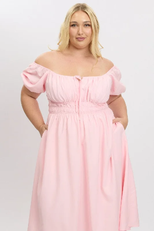 Midi Dresses for elegant family celebrations-Pink Midi Dress Short Sleeve Ruched Bust