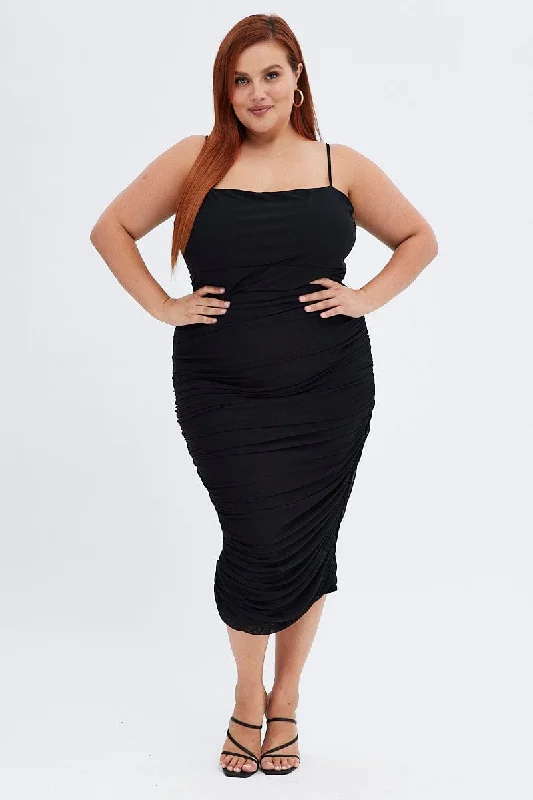 Midi Dresses for trendy spring family reunion dinner-Black Bodycon Dress Sleeveless Midi Mesh