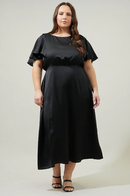 Midi Dresses for spring romantic garden dinners-Chateau Satin Allegria Flutter Sleeve Midi Dress Curve