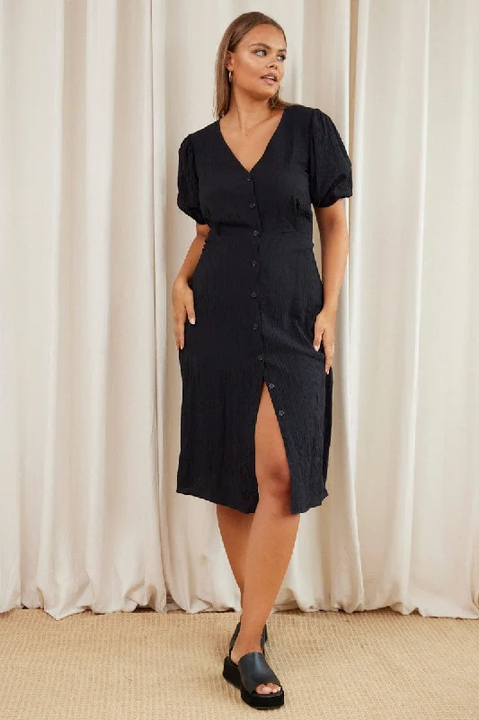 Midi Dresses for outdoor birthday celebrations-Black Midi Dress V-neck Puff Sleeve