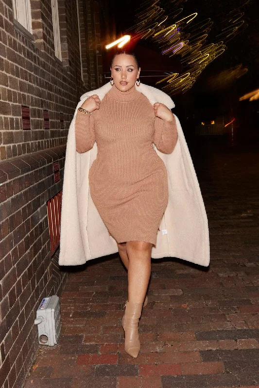 Midi Dresses for stylish casual romantic dinner events-Camel Knit Dress Long Sleeve Midi Round Neck Tie Front