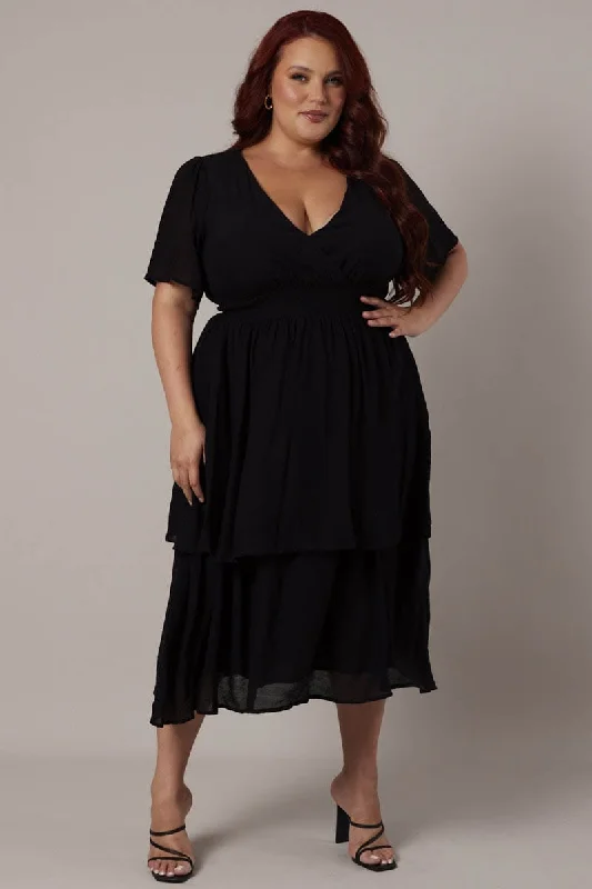 Midi Dresses for trendy romantic fall celebrations-Black Midi Dress Crossover Bust Flare Sleeve