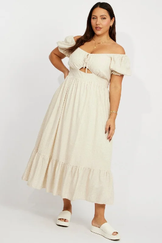 Midi Dresses for trendy spring birthday brunch events-Beige Midi Dress Short Sleeve Ruched Bust