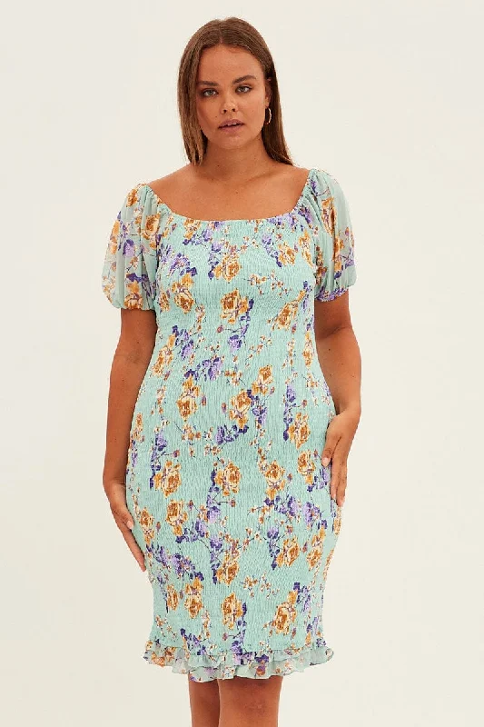 Midi Dresses for trendy fall garden anniversary parties-Green Floral Bodycon Dress Short Sleeve Off Shoulder Shirred