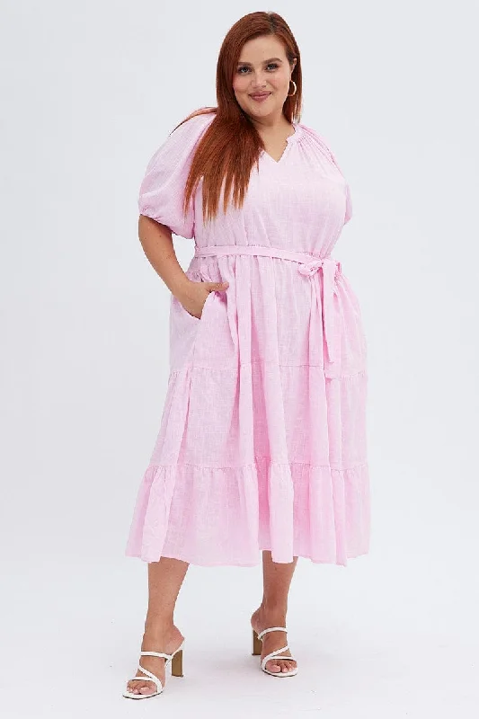 Midi Dresses for spring reunion romantic gatherings-Pink Midi Dress Tiered Notch Collar Belted