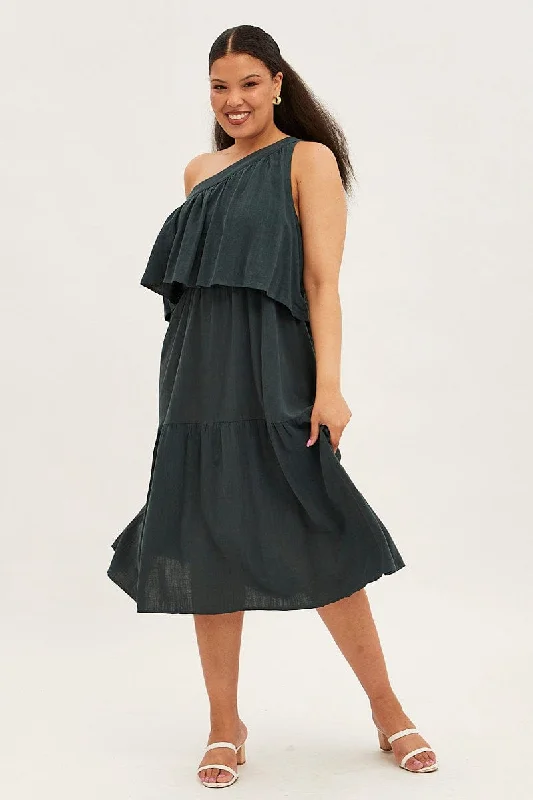 Midi Dresses for trendy romantic family spring gatherings-Green Midi Dress One Shoulder Frill Linen Blend