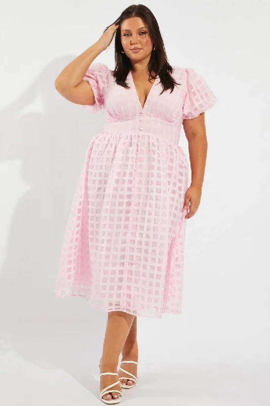 Midi Dresses for family reunion spring celebration events-Pink Grid Check Midi Dress