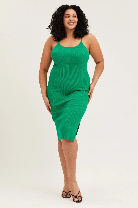 Midi Dresses for trendy garden anniversary gatherings-Green Midi Knit Bodycon Dress Scoop Neck Sleeveless