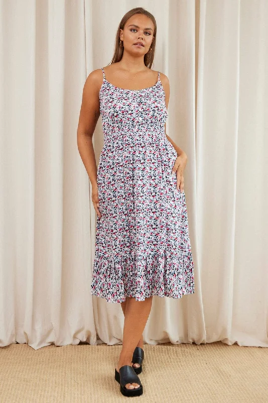 Midi Dresses for trendy fall formal dinners-Floral Print Midi Dress V-neck Sleeveless