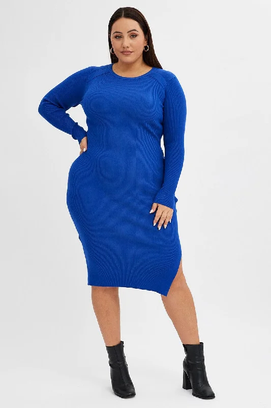 Midi Dresses for trendy family reunion anniversary parties-Blue Knit Dress Raglan Round Neck Side Split