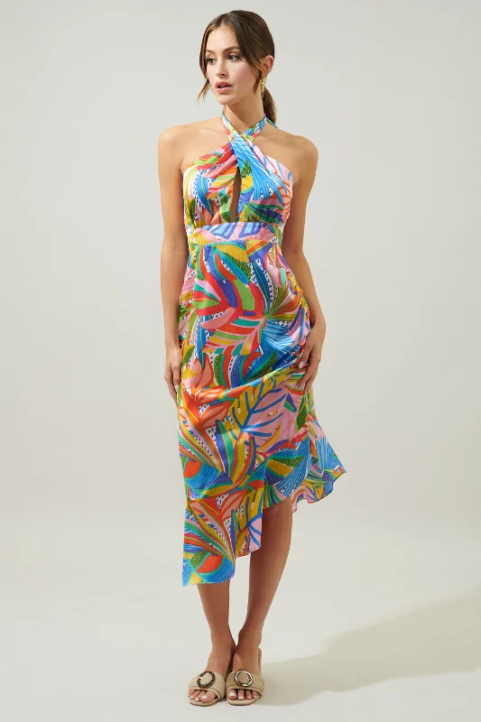 Midi Dresses for chic anniversary brunches-New Guinea Asymmetrical Ruched Midi Halter Dress