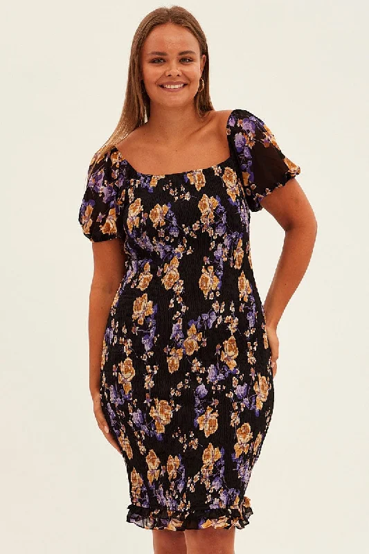 Midi Dresses for fall formal celebration dinners-Black Floral Bodycon Dress Short Sleeve Off Shoulder Shirred