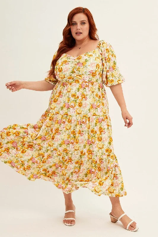 Midi Dresses for trendy spring picnic wear-Floral Print Short Puff Sleeve Multi Floral Rayon Midi Dress