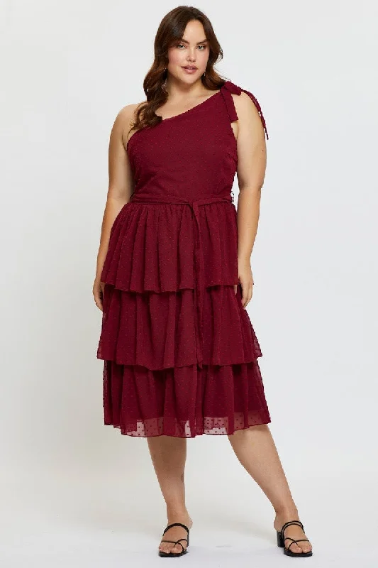 Midi Dresses for casual fall family reunion dinners-Red Midi Dress One Shoulder Sleeveless