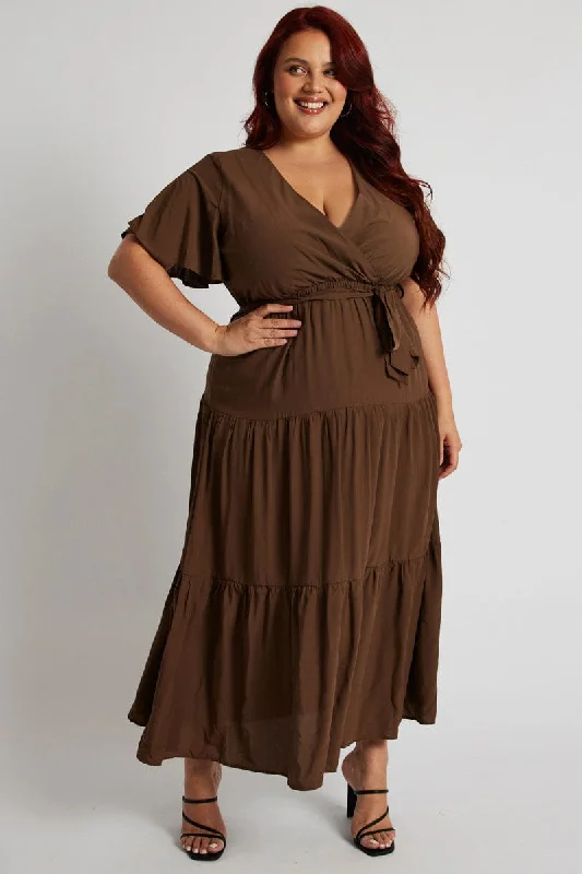 Midi Dresses for casual fall reunion garden events-Brown Wrapover Flare Sleeve Tiered Midi Dress