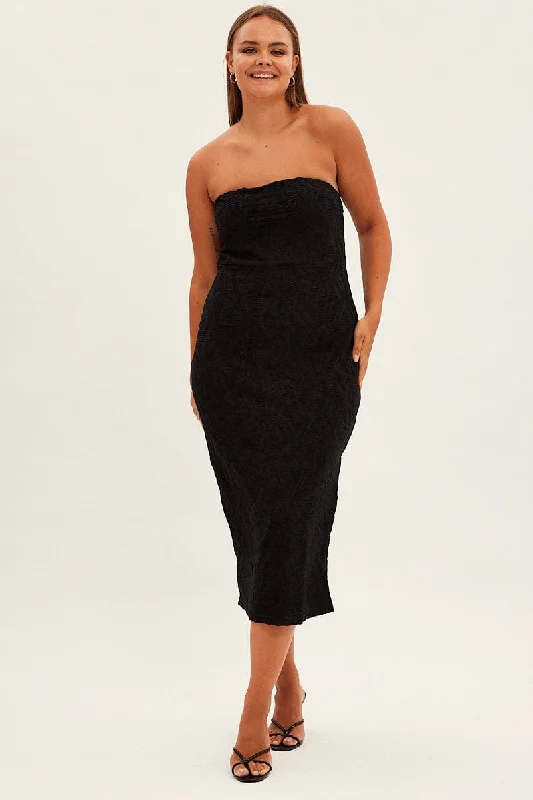 Midi Dresses for spring casual garden parties-Black Bodycon Dress Strapless Midi Textured