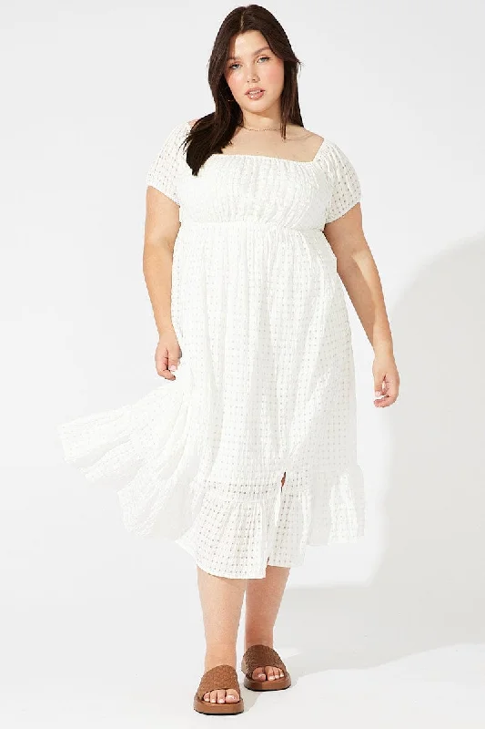 Midi Dresses for family reunion garden dinner wear-White Midi Dress Off Shoulder Check Split Front