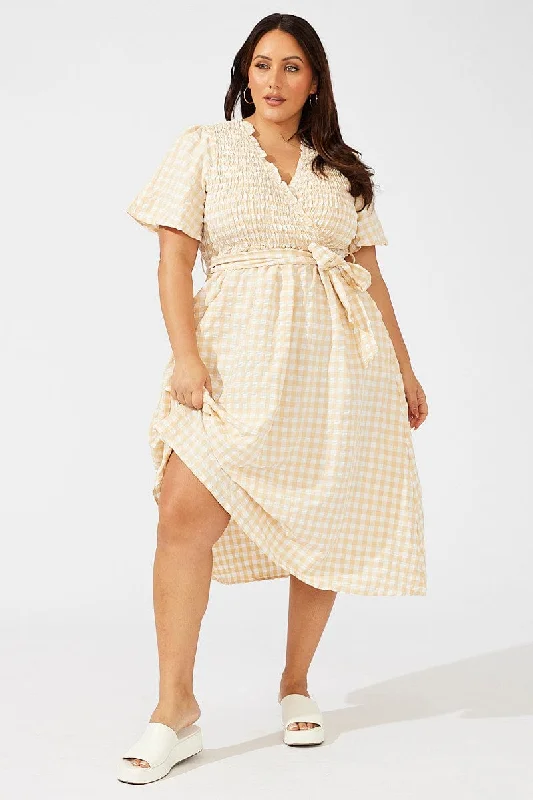 Midi Dresses for fall formal celebration dinners-Beige Check Gingham Wrapover Shirred Front Midi Dress