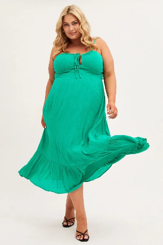 Midi Dresses for trendy fall picnic celebrations-Green Midi Dress Shoestring Strap Gather Bust Frill Hem