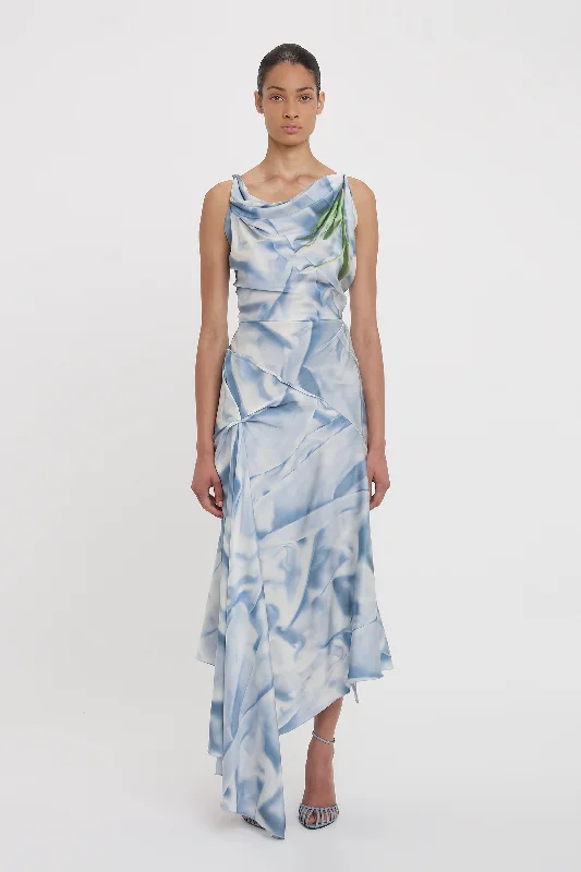 Midi Dresses for romantic fall family parties-Asymmetric Draped Midi Dress In Ice Blue Satin Flowers