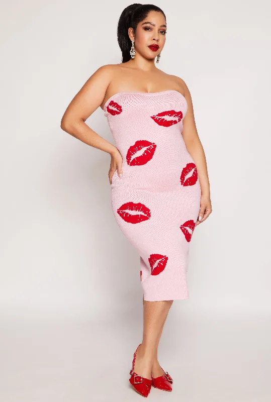 Midi Dresses for romantic birthday dinners-Plus Size Almost Famous Lip Print Midi Tube Dress