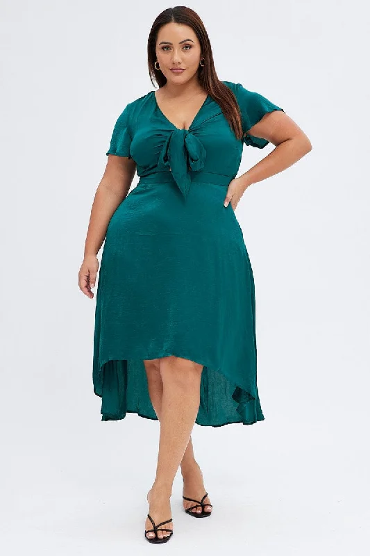 Midi Dresses for spring casual garden parties-Green Midi Dress Short Sleeve Tie Back Satin