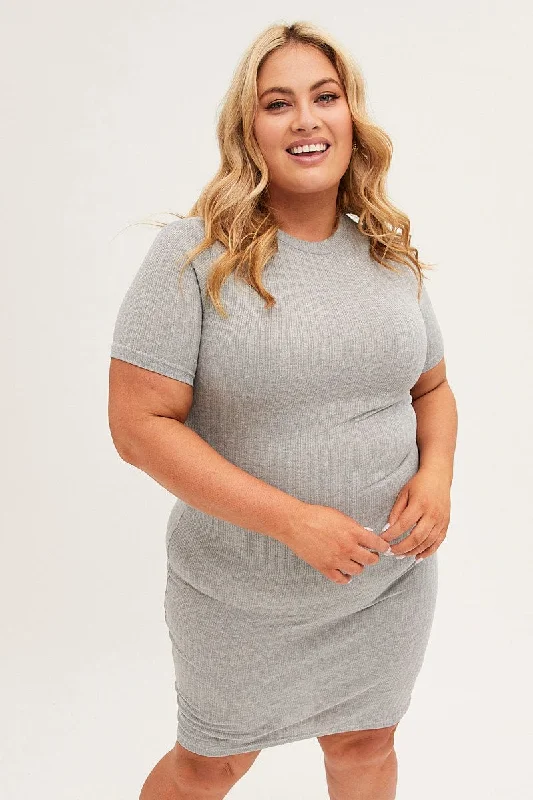 Midi Dresses for family reunion spring celebration events-Grey Midi Dress Short Sleeve Rib Jersey Bodycon