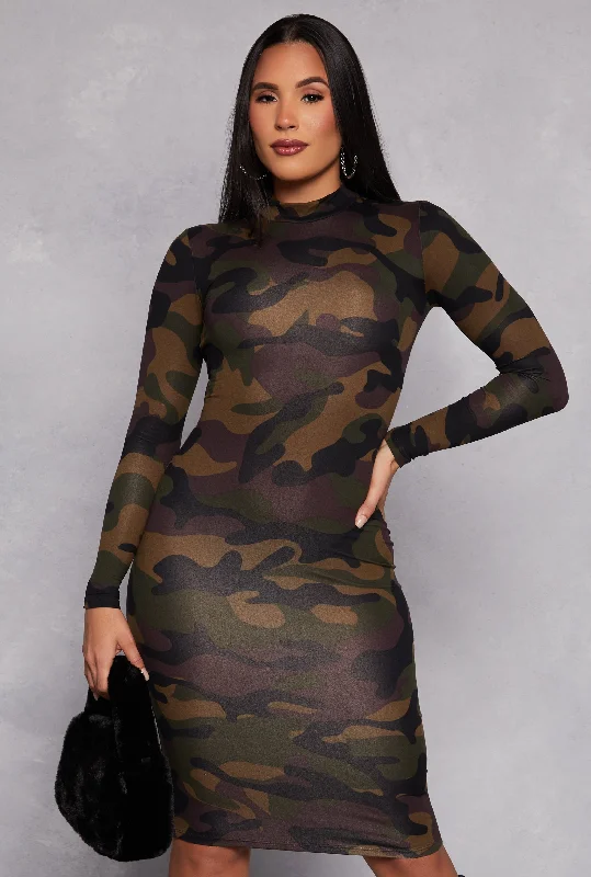 Midi Dresses for trendy spring birthday brunch events-Patterned Long Sleeve Midi Dress