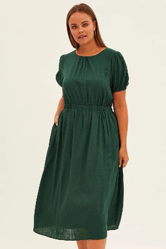 Midi Dresses for trendy fall formal dinners-Green Midi Dress Cutout Back Puff Sleeve Linen Blend