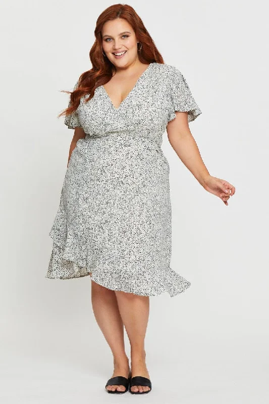 Midi Dresses for casual romantic dinners-Geo Print Midi Dress V-neck Short Sleeve