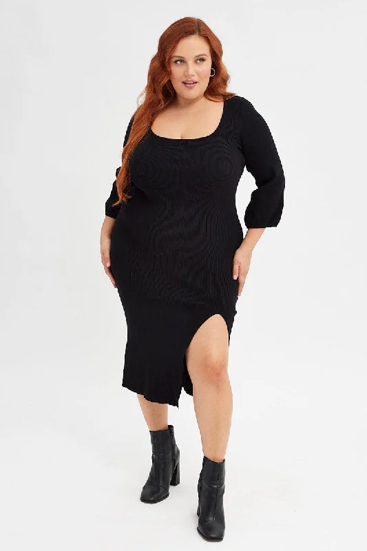 Midi Dresses for trendy fall outdoor family events-Black Midi Dress Long Balloon Sleeve Sexy Split Knit