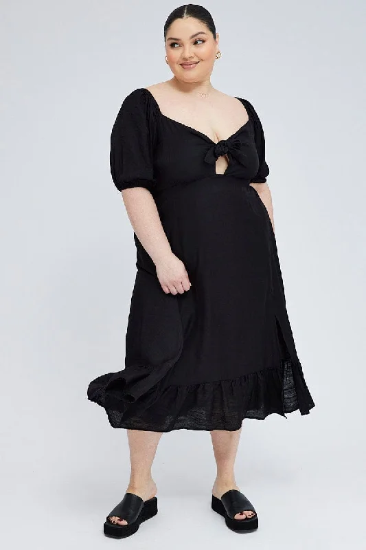 Midi Dresses for family reunion spring dinners-Black Tie Front Midi Dress Short Puff Sleeve Split Front