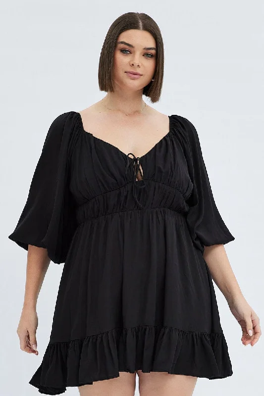 Midi Dresses for chic family birthday parties-Black Fit And Flare Dress 3/4 Sleeve Tiered Cut Out