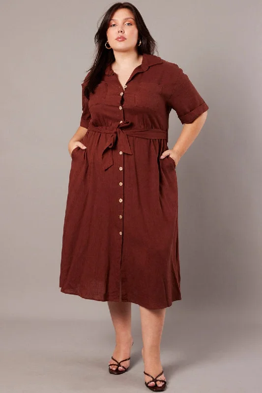 Midi Dresses for fall chic dinner parties-Brown Midi Dress Puff Sleeve Belted With Pockets