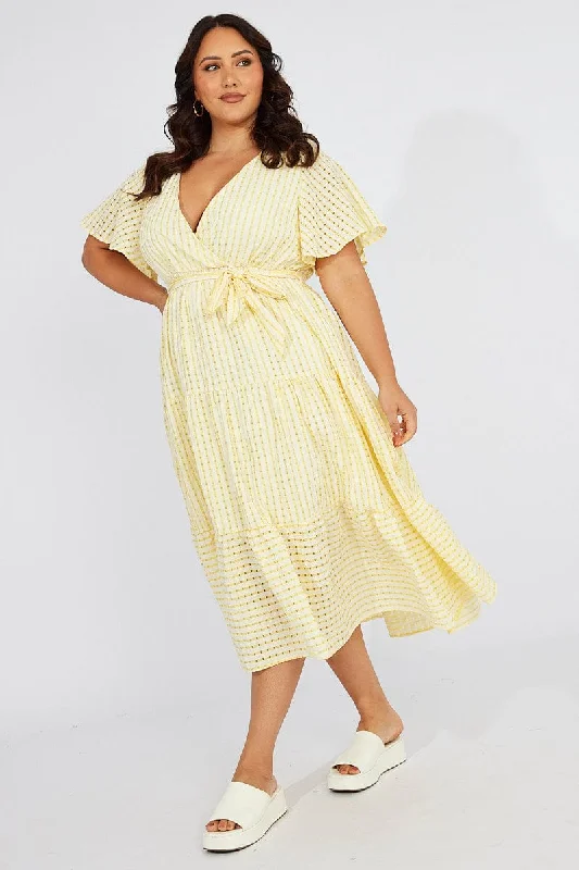 Midi Dresses for trendy fall evening wear-Yellow Check Wrap Midi Dress