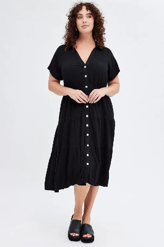 Midi Dresses for trendy spring garden parties-Black Shirtdress Midi Button Linen Blend Short Sleeve