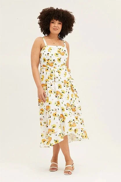 Midi Dresses for spring garden parties-Floral Print Sleeveless Ruffle Midi Dress