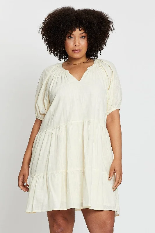 Midi Dresses for casual formal dinners-Beige Puff 3/4 Sleeve Textured Cotton Oatmea Layer Dress