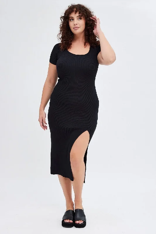 Midi Dresses for trendy outdoor brunches-Black Knit Dress Short Sleeve Midi